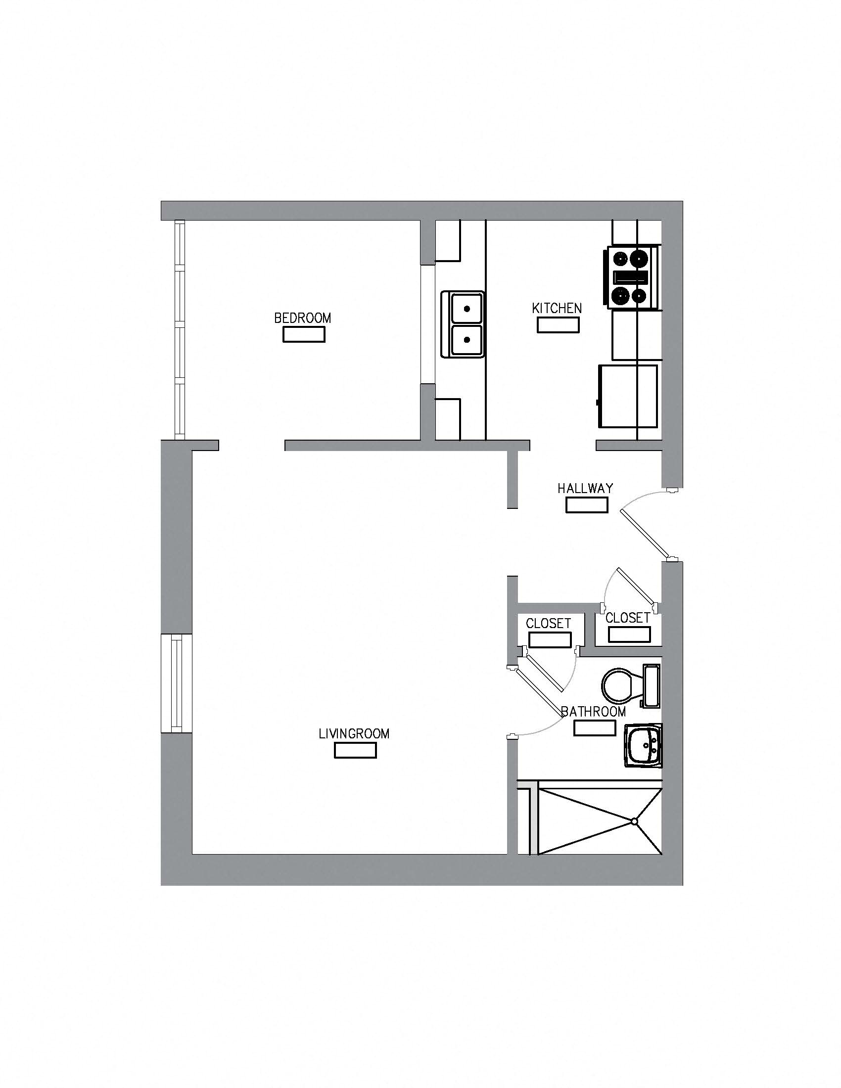 Floor plan for 1 bed, 1 bath, 464 sqft